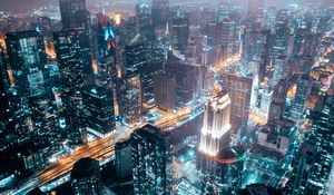 Preview wallpaper night city, aerial view, buildings, lights, architecture, overview