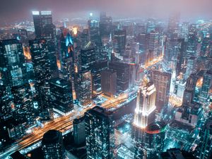 Preview wallpaper night city, aerial view, buildings, lights, architecture, overview