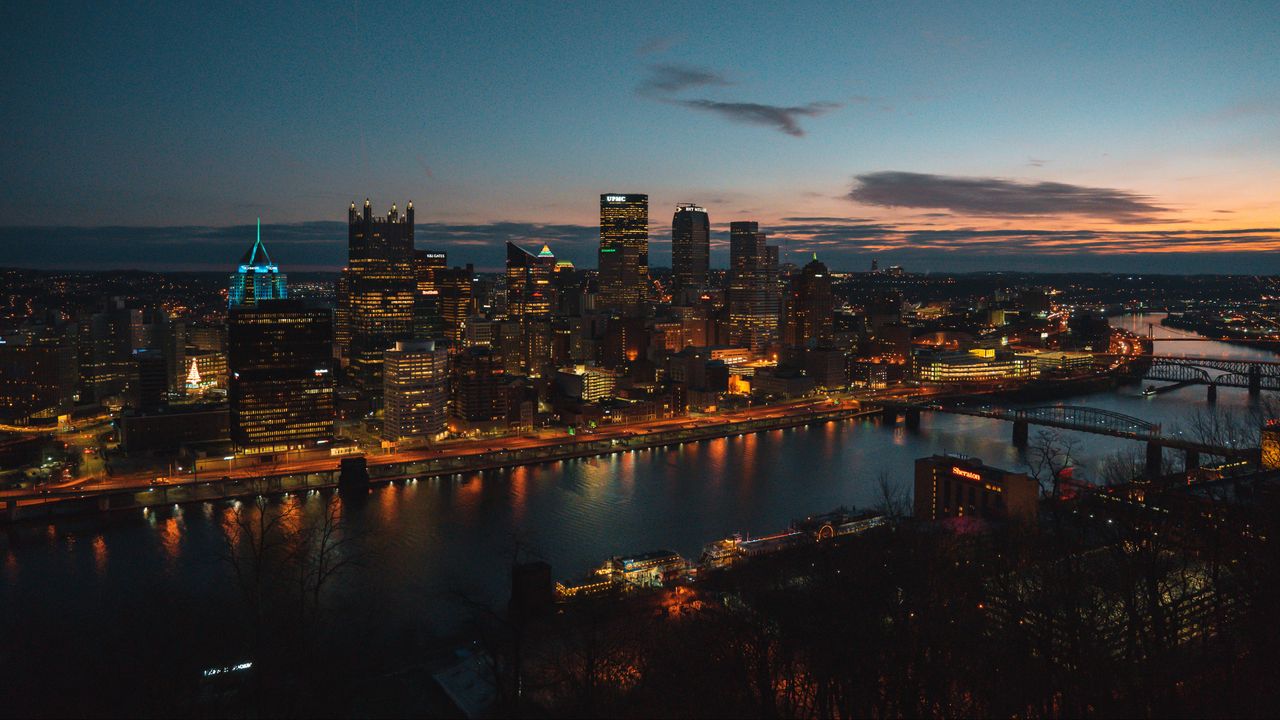 Wallpaper night city, aerial view, buildings, river, architecture, pittsburgh, usa