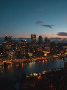 Preview wallpaper night city, aerial view, buildings, river, architecture, pittsburgh, usa