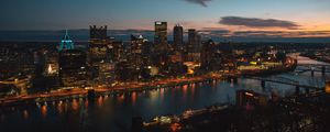 Preview wallpaper night city, aerial view, buildings, river, architecture, pittsburgh, usa