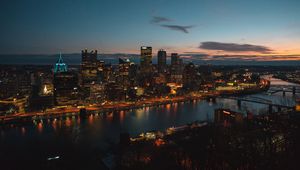 Preview wallpaper night city, aerial view, buildings, river, architecture, pittsburgh, usa