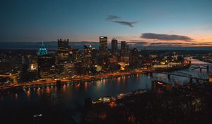 Preview wallpaper night city, aerial view, buildings, river, architecture, pittsburgh, usa