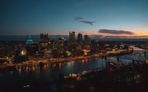 Preview wallpaper night city, aerial view, buildings, river, architecture, pittsburgh, usa
