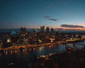 Preview wallpaper night city, aerial view, buildings, river, architecture, pittsburgh, usa