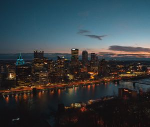 Preview wallpaper night city, aerial view, buildings, river, architecture, pittsburgh, usa