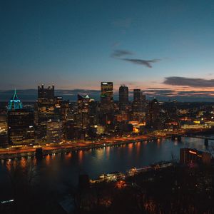 Preview wallpaper night city, aerial view, buildings, river, architecture, pittsburgh, usa