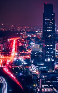 Preview wallpaper night city, aerial view, buildings, roads, lights, dark