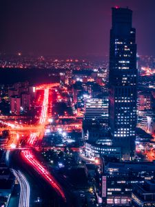 Preview wallpaper night city, aerial view, buildings, roads, lights, dark