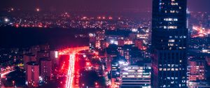 Preview wallpaper night city, aerial view, buildings, roads, lights, dark