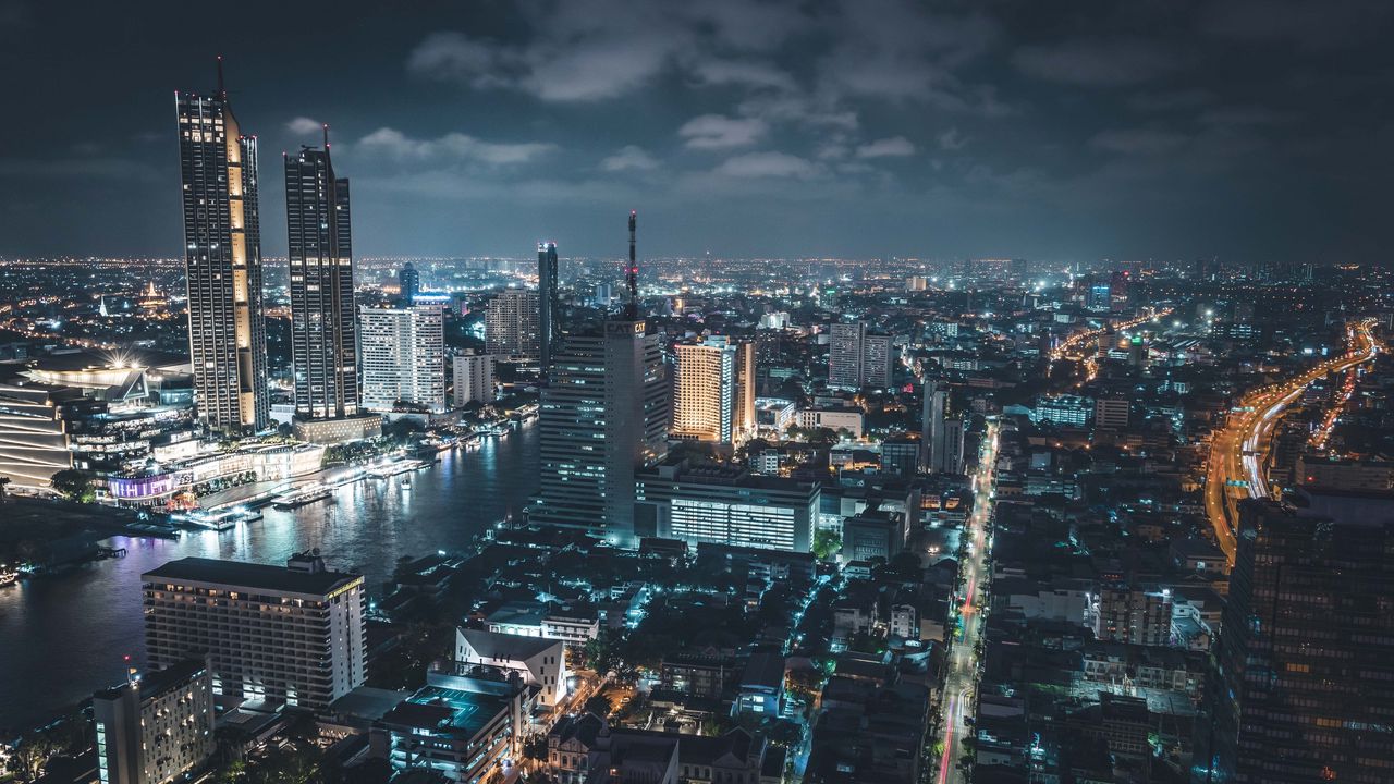 Wallpaper night city, aerial view, buildings, lights, architecture, bangkok