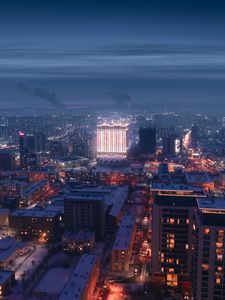 Preview wallpaper night city, aerial view, buildings, snow, winter