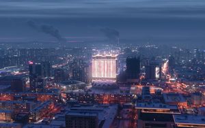 Preview wallpaper night city, aerial view, buildings, snow, winter