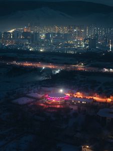 Preview wallpaper night city, aerial view, buildings, lights, dark, backlight