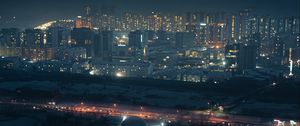 Preview wallpaper night city, aerial view, buildings, lights, dark, backlight