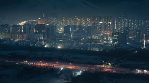 Preview wallpaper night city, aerial view, buildings, lights, dark, backlight