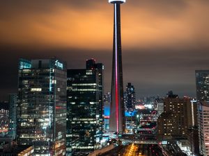 Preview wallpaper night city, aerial view, buildings, tower, architecture