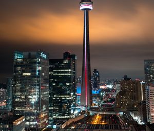 Preview wallpaper night city, aerial view, buildings, tower, architecture