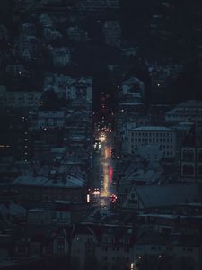 Preview wallpaper night city, aerial view, buildings, road, dark