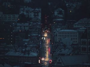 Preview wallpaper night city, aerial view, buildings, road, dark