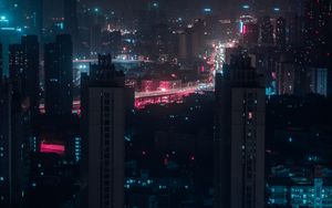 Preview wallpaper night city, aerial view, buildings, lights, cityscape, dark