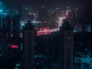 Preview wallpaper night city, aerial view, buildings, lights, cityscape, dark