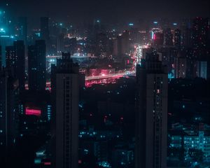 Preview wallpaper night city, aerial view, buildings, lights, cityscape, dark