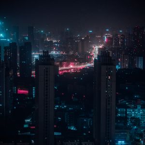 Preview wallpaper night city, aerial view, buildings, lights, cityscape, dark