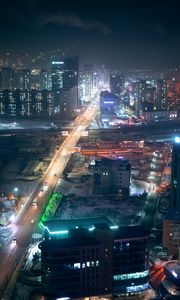 Preview wallpaper night city, aerial view, buildings, roads, streets, lights