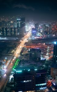 Preview wallpaper night city, aerial view, buildings, roads, streets, lights