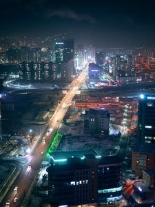 Preview wallpaper night city, aerial view, buildings, roads, streets, lights