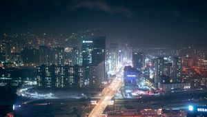 Preview wallpaper night city, aerial view, buildings, roads, streets, lights