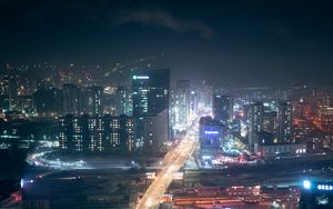 Preview wallpaper night city, aerial view, buildings, roads, streets, lights