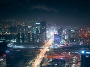 Preview wallpaper night city, aerial view, buildings, roads, streets, lights