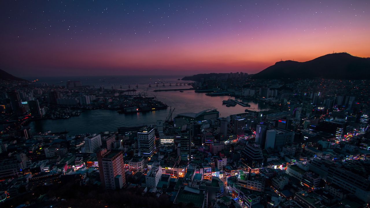 Wallpaper night city, aerial view, city lights, south korea