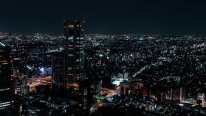 Preview wallpaper night city, aerial view, city lights, overview, skyline, night