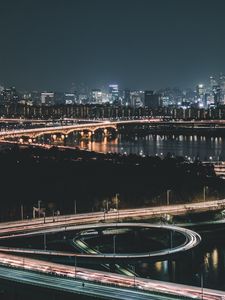 Preview wallpaper night city, aerial view, city lights, road, lighting