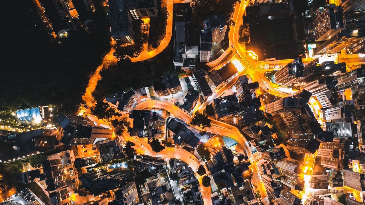 Wallpaper night city, aerial view, lights, road