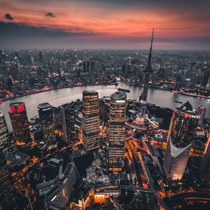 Preview wallpaper night city, aerial view, lights city, overview, shanghai, china