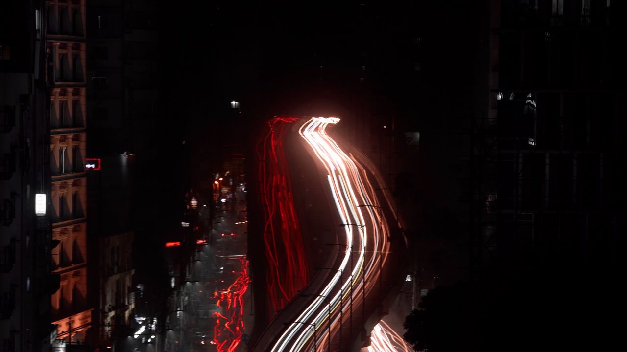 Wallpaper night city, aerial view, long exposure, road