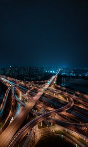 Preview wallpaper night city, aerial view, roads, buildings, metropolis