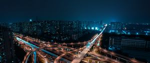 Preview wallpaper night city, aerial view, roads, buildings, metropolis