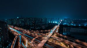 Preview wallpaper night city, aerial view, roads, buildings, metropolis