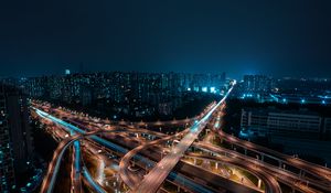 Preview wallpaper night city, aerial view, roads, buildings, metropolis