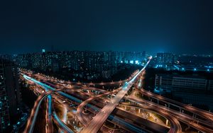 Preview wallpaper night city, aerial view, roads, buildings, metropolis