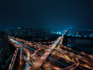 Preview wallpaper night city, aerial view, roads, buildings, metropolis