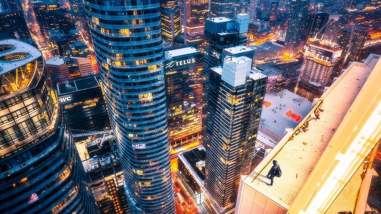 Wallpaper night city, aerial view, roofs, overview, toronto