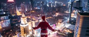 Preview wallpaper night city, aerial view, santa claus, loneliness, roof