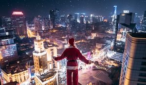 Preview wallpaper night city, aerial view, santa claus, loneliness, roof