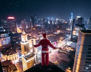 Preview wallpaper night city, aerial view, santa claus, loneliness, roof